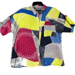 DKNY‎ Women's M Shirt Button Up Patchwork Artsy Boho Festival Bandana Colorful